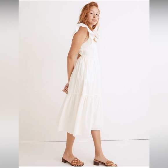 Madewell Ruffle Strap Tiered Midi Dress Textural Stripe NF850 Ivory Medium - Picture 3 of 8